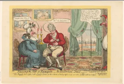 George IV drinkt koffie met Anne Curtis terwijl haar man William Curtis de kamer binnenloopt