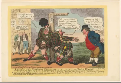 George IV en William Curtis leunen in Schotse kledij tegen een wegwijzer, rechts weigert John Bull een hand van Curtis