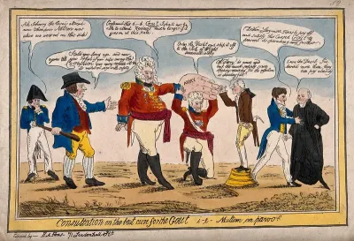 George, Prince Regent, in uniform holding out a swollen hand which is supported by Wellington; representing the enormous amount of money given to the army compared with the navy
