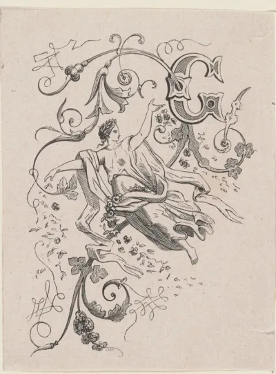 Geornamenteerde letter C met een allegorische vrouwfiguur