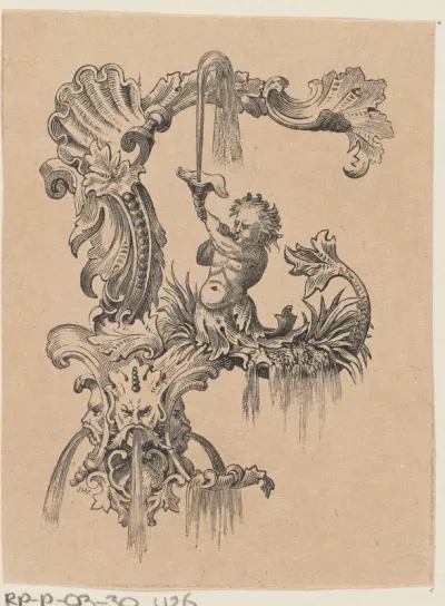 Geornamenteerde letter F met een allegorische figuur
