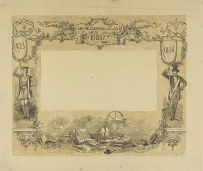 Geornamenteerde omlijsting met de jaartallen '1423', '1856' en '1857'