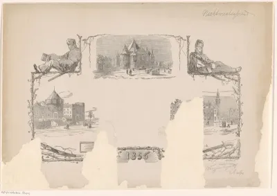 Geornamenteerde omlijsting met drie stadsgezichten te Amsterdam, twee zittende figuren en het jaartal '1856'