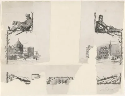 Geornamenteerde omlijsting met twee stadsgezichten te Amsterdam, twee zittende figuren en het jaartal '1856'