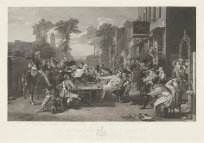 Gepensioneerden in Chelsea zitten rond een tafel en lezen het nieuws over de slag van Waterloo