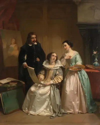 Gerard van Honthorst toont Amalia van Solms de tekeningen van zijn leerlinge Louise van Bohemen