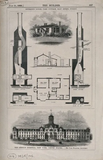 German Hospital, New York City; and floor plan for Park Cottage, East Sheen, Surrey