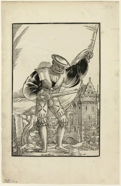 German Soldier Standing with Flag (recto) and German Soldier Marching with Flag (verso) from Wappen des heiligen römischen Reichs Teutscher Nation, plate 47 from Woodcuts from Books of the XVI Century