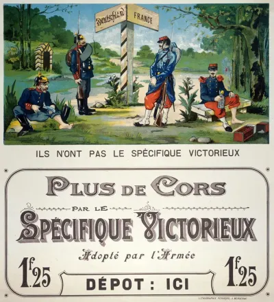 German soldiers suffering from corns contrasted with French soldiers who are shown as free from corns owing to the remedy "Spécifique Victorieux"