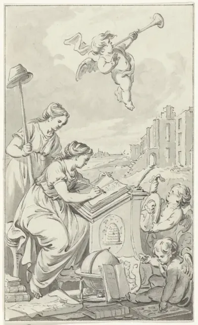 Geschiedenis schrijvend aan een lessenaar, met de Vrijheid en de Faam