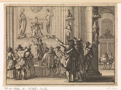 Geschilderd venster, na de verovering van Den Bosch in de kerk aldaar gevonden, voorstellende bisschop Gisbertus Marius tussen Christus en Maria, 1629