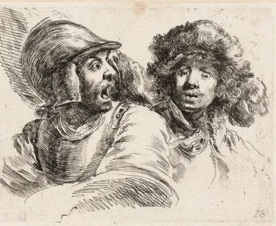 Geschrokken soldaat en man met muts met pluimen (portret van Rembrandt)