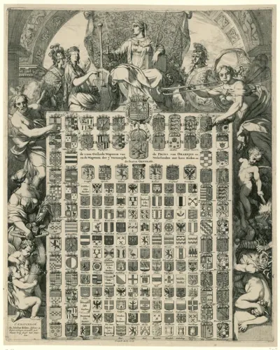 Geslachtswapens van prins Willem III in een allegorische omlijsting