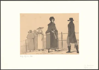 Gesprek op de Hogesluis, mogelijk over de lengte van de rok van de vrouw op de voorgrond