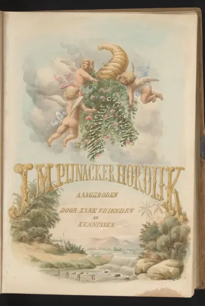 Getekend titelblad van het fotoalbum aangeboden aan J.M. Pijnacker Hordijk