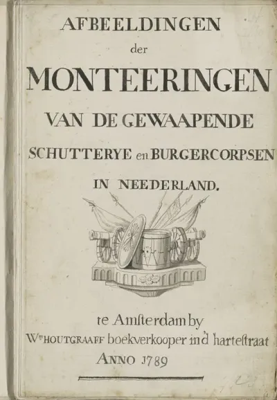 Getekende titelpagina voor een schetsboek met monteringen van de gewapende schutterijen en burgercorpsen in Nederland, 1789