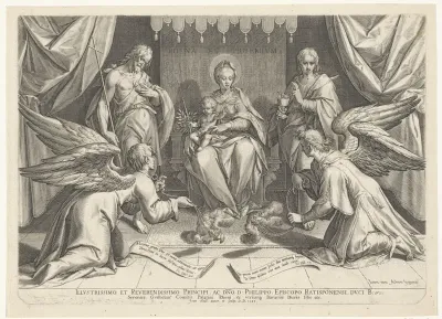 Getroonde Maria en het Christuskind, met twee heiligen