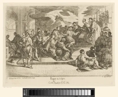 Getroonde Spaanse bisschop met een groep geknielde figuren