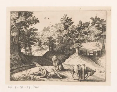Gevallen ruiter en leeuw op een bosweg