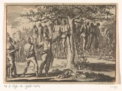 Gevangen genomen boeren bij Hasingen door de Zweden in een boom gehangen, 1633