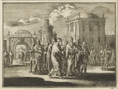 Gevangen genomen Paulus wordt door Romeinse soldaten Rome binnengeleid