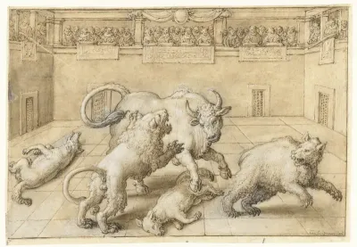 Gevecht in een arena tussen een stier, leeuw, beer en twee wolven