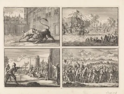 Gevecht te Londen tussen een dog en een jonge leeuw, 1664 / In de haven van het Noorse Bergen worden Hollandse koopvaardijschepen aangevallen door de Engelsen, 1665 / Te  Jönköping wordt baron Gustav Skyte vanwege zeeroof met een haakbus neergeschote