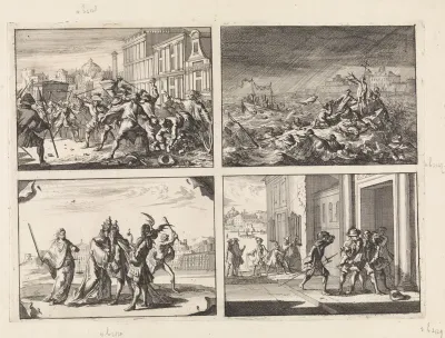 Gevecht te Rome tussen de dienaren van de Franse ambassadeur en enige straatmakers, 1679 / Op de Weichsel bij Warschau lijden twee schepen met geestelijken en bedevaartgangers schipbreuk in een wervelwind, 1683 / Spotprent over de strijd tussen Lodew