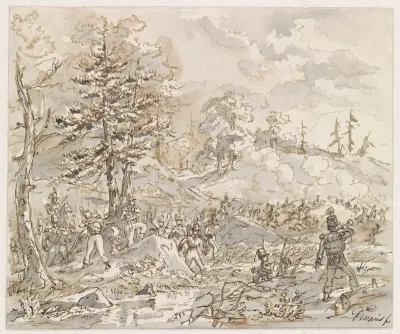Gevecht tussen cavalerie en voetvolk in heuvellandschap