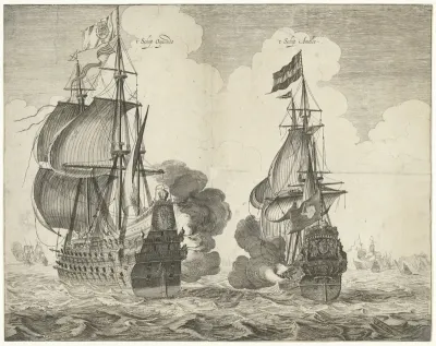 Gevecht tussen de admiraalsschepen Aemelia van Tromp en de Santa Teresa van De Oquendo tijdens de slag bij Duins, 1639