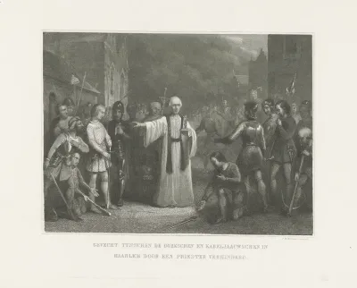 Gevecht tussen de Hoeken en Kabeljauwen in Haarlem door een priester verhinderd