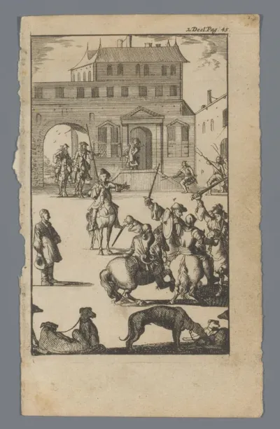 Gevecht tussen ruiters op een plein