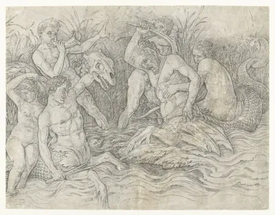Gevecht tussen tritons met nereïden op hun rug