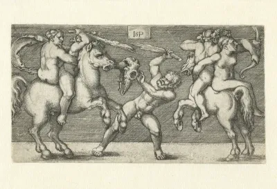 Gevecht tussen twee mannen met vrouwen te paard en een staande man