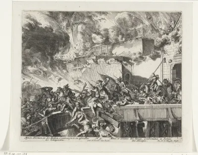 Gevechten tussen Turkse belegeraars en Habsburgers op een brug bij een stadspoort van Wenen