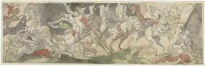 Gevechtscène met ruiters, rechts Jael en Sisera