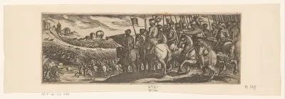 Gevechtsscène met cavalerie en trompetter op een heuvel