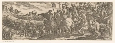Gevechtsscène met cavalerie en trompetter op heuvel