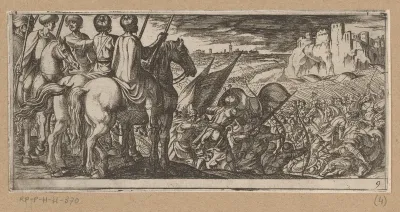 Gevechtsscène met cavalerie toekijkend vanaf heuvel
