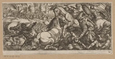 Gevechtsscène met twee elkaar aanvallende paarden