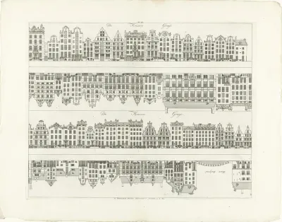 Gevels van huizenrijen aan de Keizersgracht en de Herengracht naar de Blauwburgwal