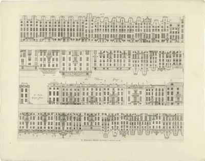 Gevels van huizenrijen aan de Keizersgracht en de Herengracht naar de Nieuwe Spiegelstraat