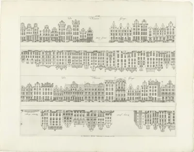Gevels van huizenrijen aan de Keizersgracht naar de Berenstraat en de Herengracht naar de Warmoesgracht en de Koningstraat