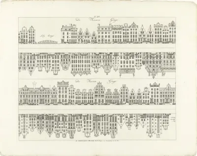 Gevels van huizenrijen aan de Keizersgracht naar de Leliegracht en de Herengracht naar de Roomolenstraat