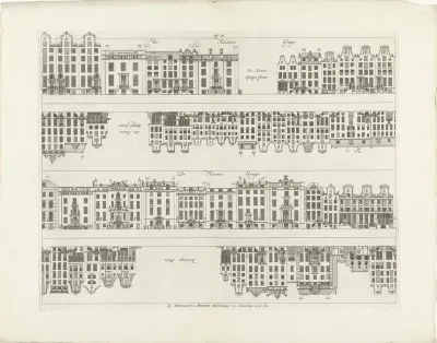 Gevels van huizenrijen aan de Keizersgracht naar de Nieuwe Spiegelstraat en de Herengracht naar het Koningsplein