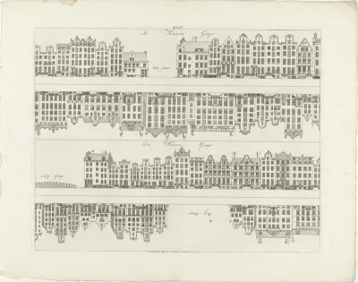 Gevels van huizenrijen aan de Keizersgracht naar de Reestraat en de Herengracht van de Leliegracht naar de Bergstraat