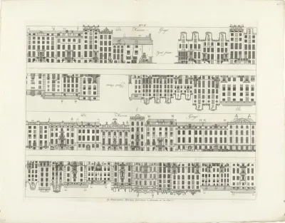 Gevels van huizenrijen aan de Keizersgracht naar de Vijzelstraat en de Herengracht