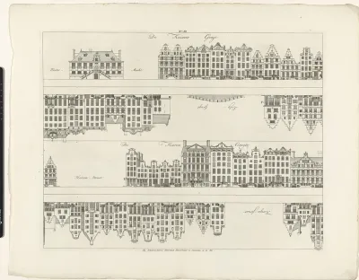 Gevels van huizenrijen aan de Keizersgracht van de Westermarkt naar de Leliegracht en de Herengracht van de Herenstraat naar de Korsjespoortsteeg