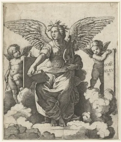 Gevleugelde vrouw als muze van Poëzie met boek en lier zittend op wolken geflankeerd door putti