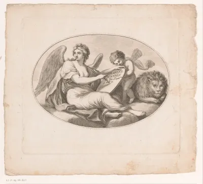 Gevleugelde vrouw met putto en leeuw